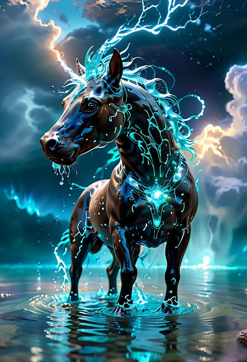 A fantasy horse with vibrant lightning bolts emanating from its body standing in water, AI generated using Stable Diffusion.