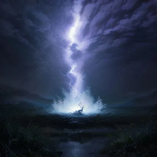 A highly detailed AI generated image using Stable Diffusion depicting a powerful lightning strike in a mystical night landscape with dramatic clouds and a radiant light at the center.