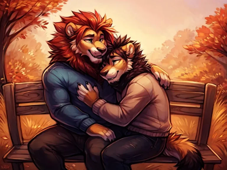 Two anthropomorphic lions cuddling on a park bench in an autumn setting, AI generated image using stable diffusion.