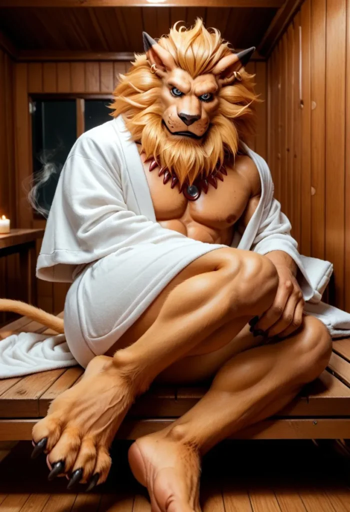 AI generated image of a lion humanoid relaxing in a sauna, created using Stable Diffusion.