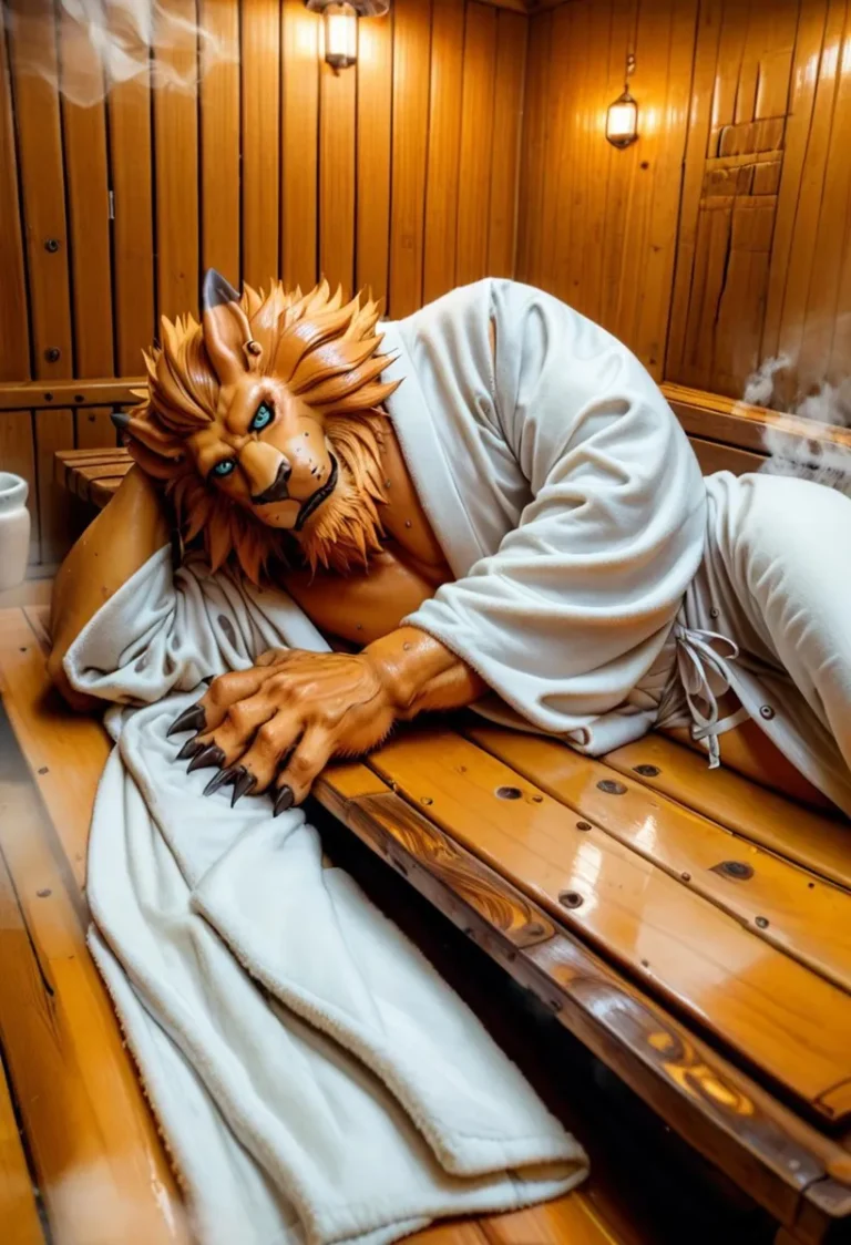 An anthropomorphic lion with muscular build and sharp claws lounging on a wooden bench in a sauna, wearing a white robe, AI generated using Stable Diffusion.