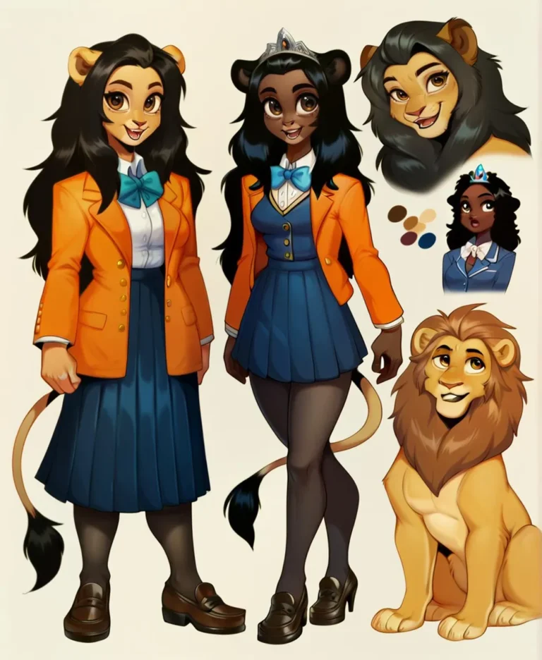 AI generated image using stable diffusion of anthropomorphic lion characters in school uniforms. The characters have human-like bodies with lion heads, wearing orange blazers and blue skirts.