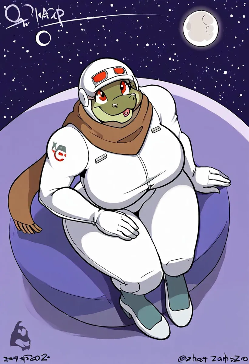 Anthropomorphic lizard astronaut character wearing a white spacesuit with a brown scarf, sitting on a blue platform in space under a starry sky and a moon. AI generated image using Stable Diffusion.