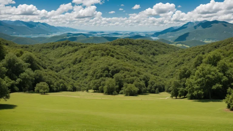 A vivid AI-generated image from Stable Diffusion depicting a sprawling green valley surrounded by lush hills and distant mountains under a blue sky with scattered clouds.