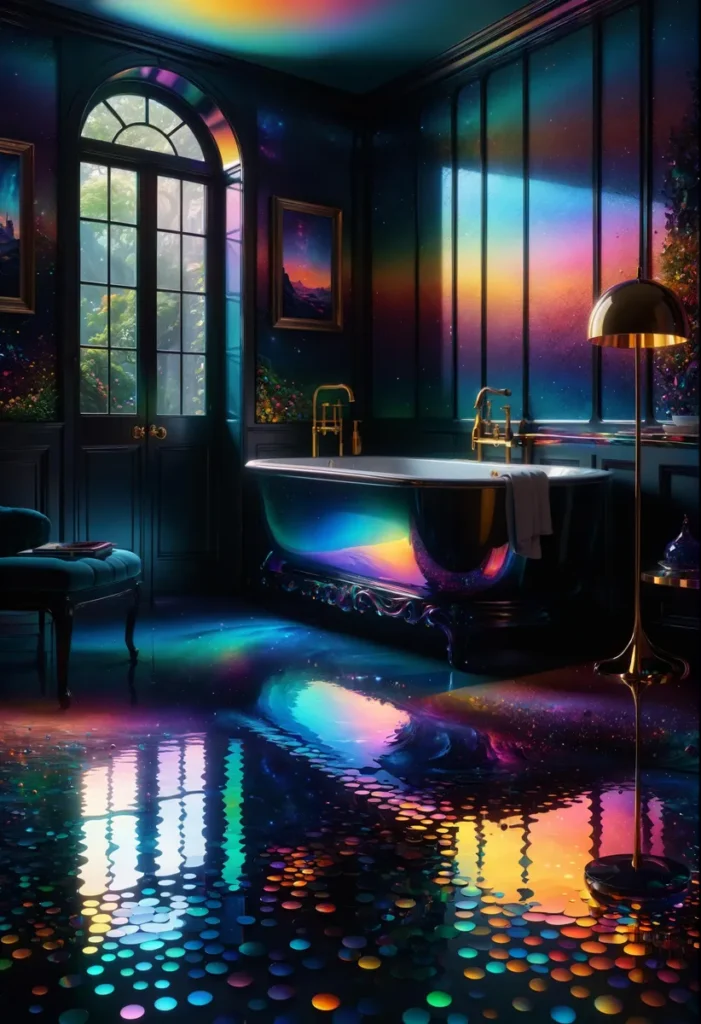 A luxury bathroom interior with galaxy-themed design, created by ai using stable diffusion.