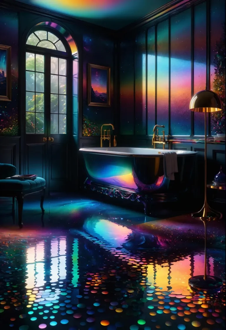 A luxury bathroom interior with galaxy-themed design, created by AI using Stable Diffusion.
