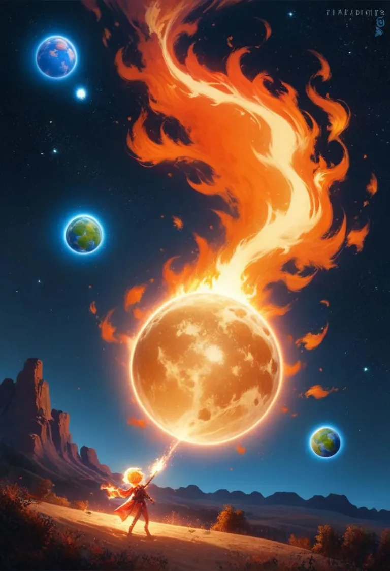 A mage summoning a giant fireball in a fantasy landscape with multiple planets in the sky. AI generated image using Stable Diffusion.