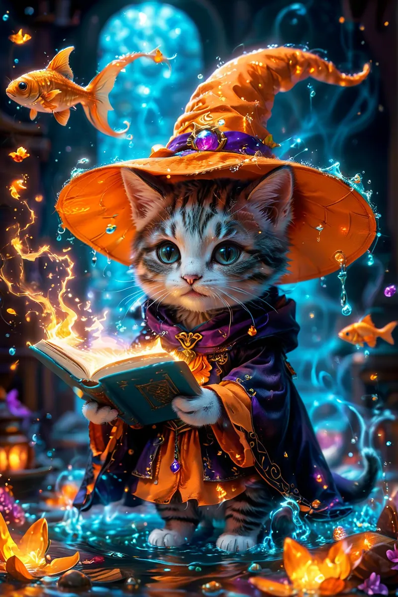 An AI generated image using Stable Diffusion of a magical cat dressed as a wizard, holding a spellbook, surrounded by flying goldfish and magical effects.