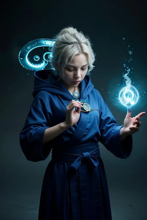 A young woman dressed in a blue robe, as an AI-generated image created using Stable Diffusion, uses both hands to conjure mystical, glowing symbols with a light blue aura.