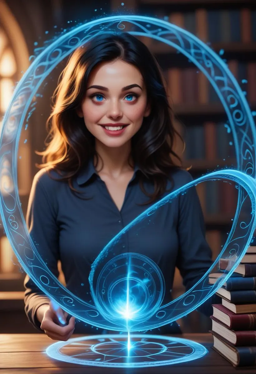 A fantasy illustration of a woman with glowing blue eyes casting a spell with digital symbols, an AI generated image using Stable Diffusion.
