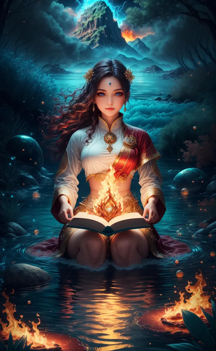 A digitally created fantasy image using stable diffusion depicting a woman dressed in mystical attire sitting in a glowing river, holding an open book from which fire is emanating, with a mountainous background and magical scenery.