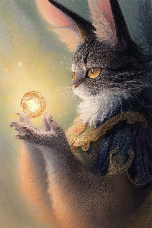 A fantasy illustration of an anthropomorphic cat holding a glowing orb, created using AI and Stable Diffusion.