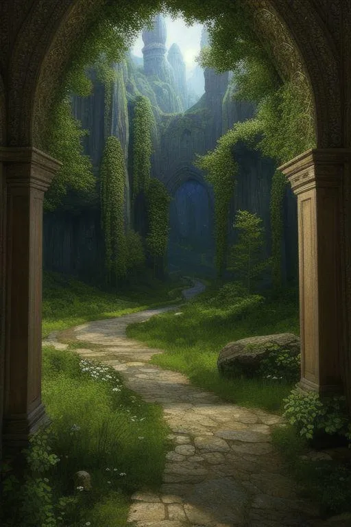 A serene enchanted path winding through a magical forest, framed by an archway. AI generated image using stable diffusion.