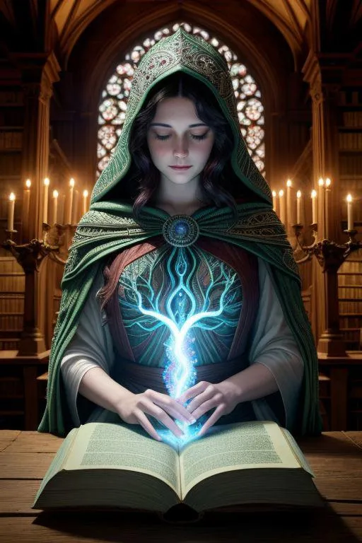 A magical librarian dressed in a green robe channeling mystical energy from an open book in a candlelit library. AI generated image using Stable Diffusion.