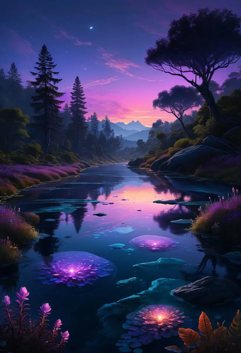 A fantasy landscape of a river at twilight with glowing purple flowers floating on the water, created using AI with Stable Diffusion.