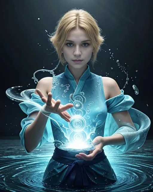 A magical woman performing water magic with glowing blue orbs, created using Stable Diffusion AI image generator.
