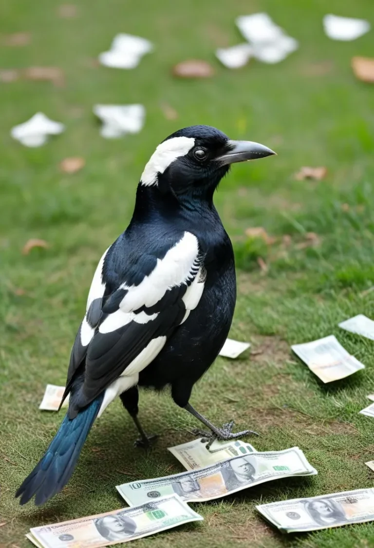 A magpie with distinctive black and white plumage standing on grass surrounded by scattered dollar bills, AI generated using stable diffusion.