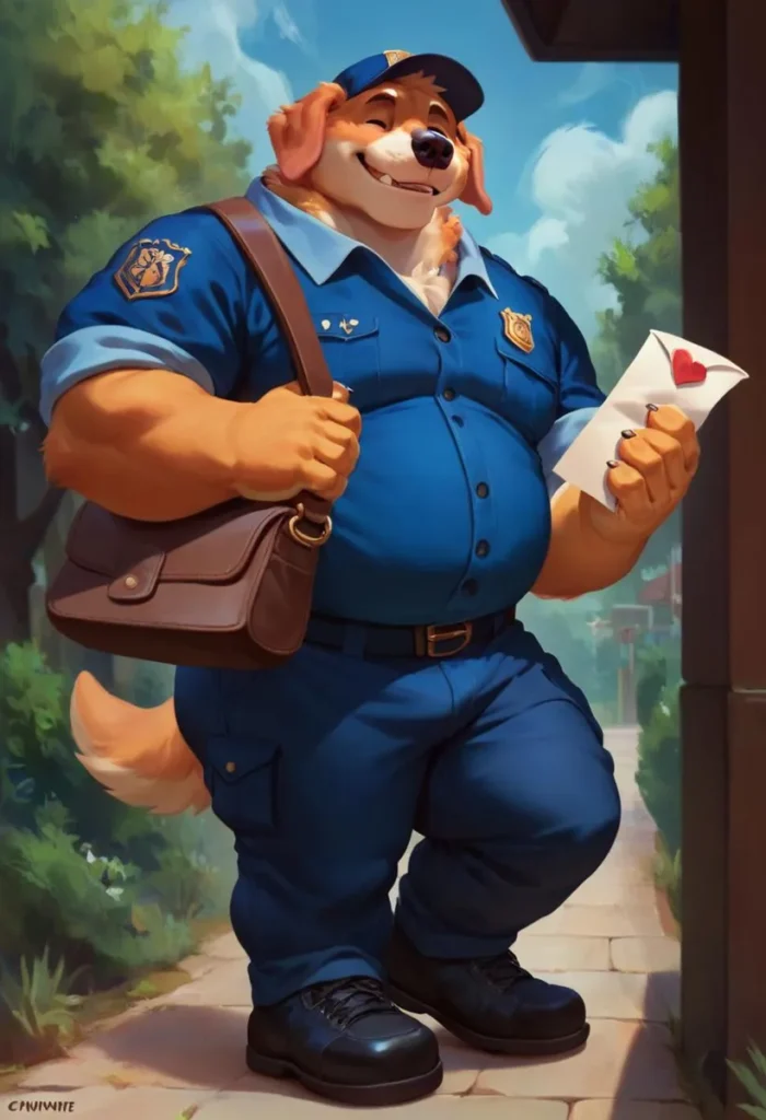 Anthropomorphic dog dressed as a cheerful mail carrier in blue uniform, holding a letter with a heart seal. Created using Stable Diffusion.