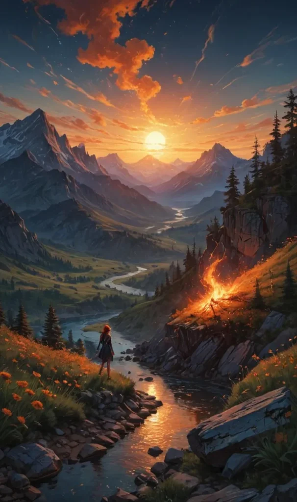 A majestic AI generated landscape using Stable Diffusion, depicting towering mountains at sunset, a winding river, a solitary figure, and a rustic campfire beside the river amidst vibrant flowers.