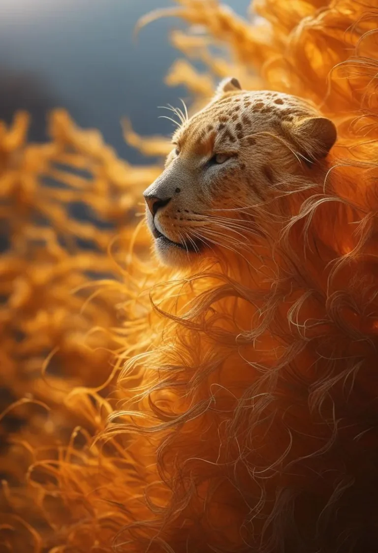 A photorealistic AI generated image using stable diffusion of a majestic lion with a flowing golden mane, with a soft focus background.