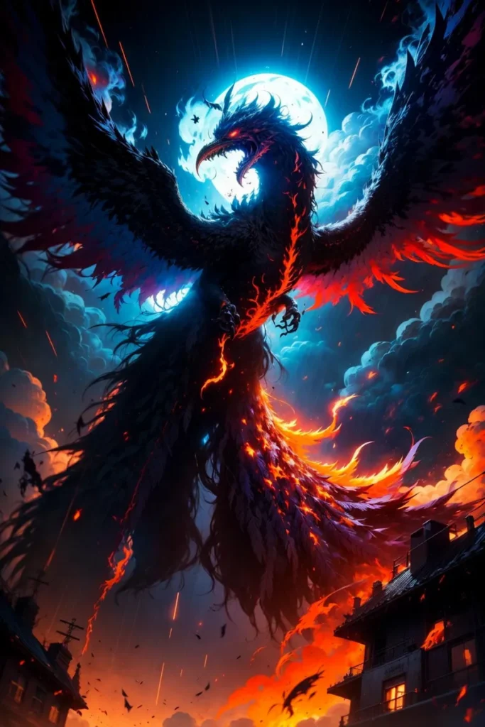 A majestic phoenix with fiery wings soaring in a night sky. AI generated image using Stable Diffusion.