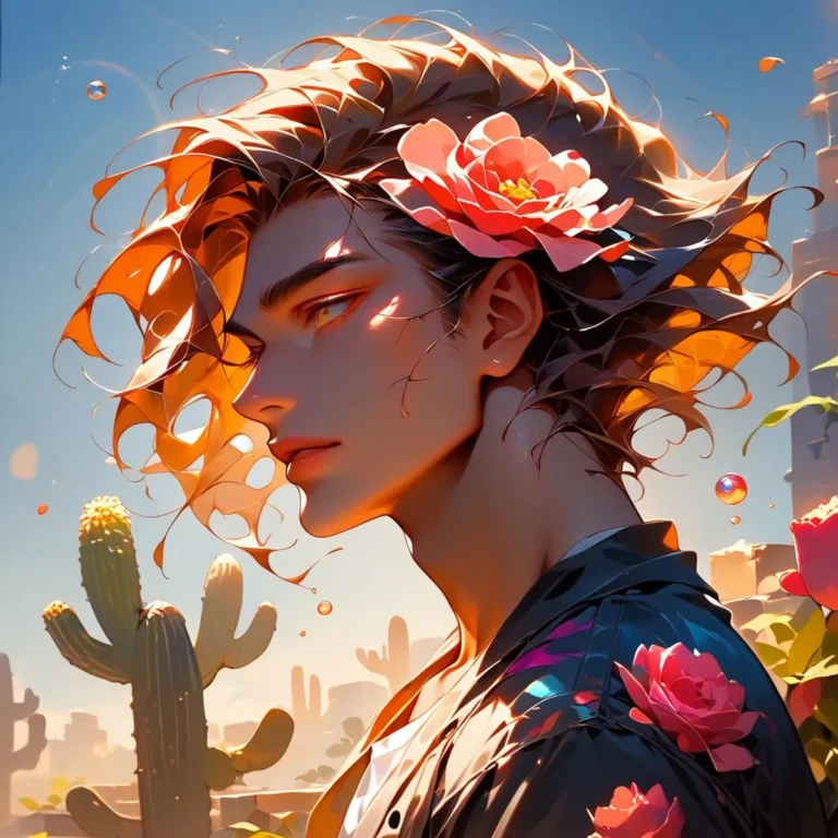 AI generated image using stable diffusion depicting a male anime character with a flower in his hair against a sunset desert background.