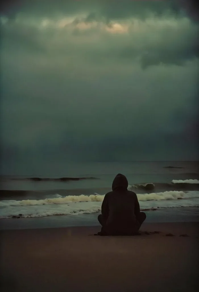 A man in a hooded jacket sits alone on a beach facing a stormy sea and dark clouds, created with stable diffusion.