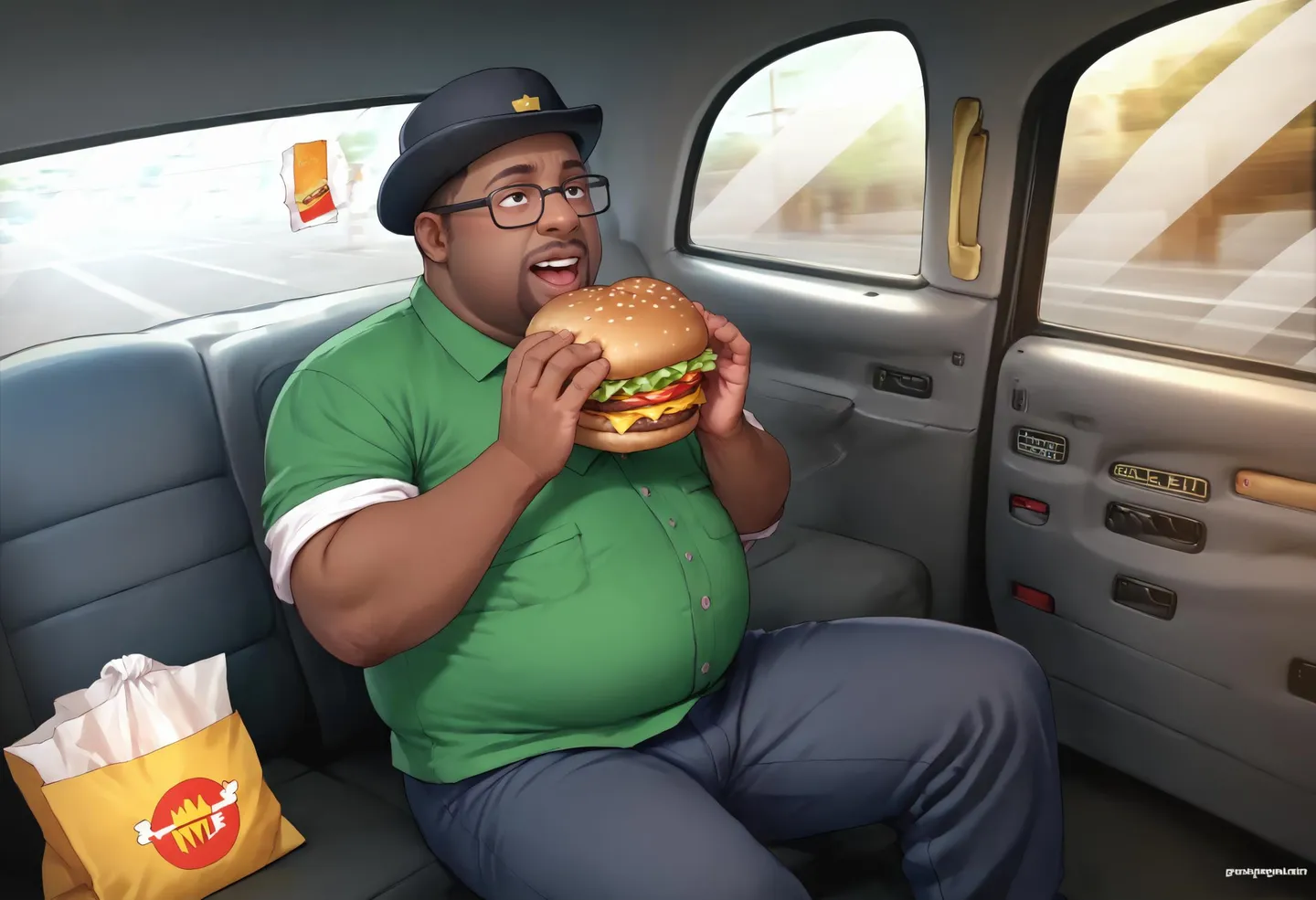 A realistic AI generated image of a man in a green shirt and hat eating a large burger while sitting in the back seat of a taxi, with a bag of fries next to him. Created using Stable Diffusion.