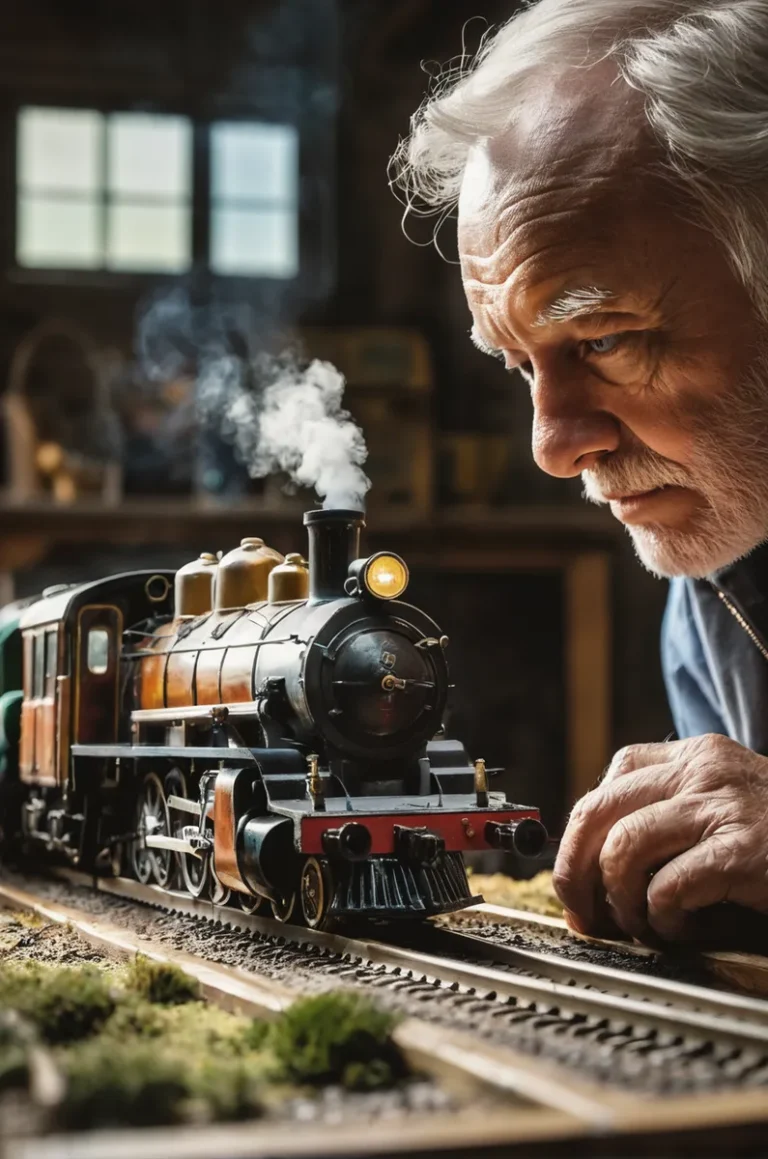 AI generated image using stable diffusion of an elderly man closely inspecting a detailed model steam train inside a dimly lit room.