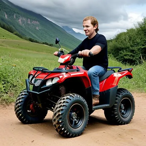 A man riding a red ATV on a mountain trail, created using Stable Diffusion.