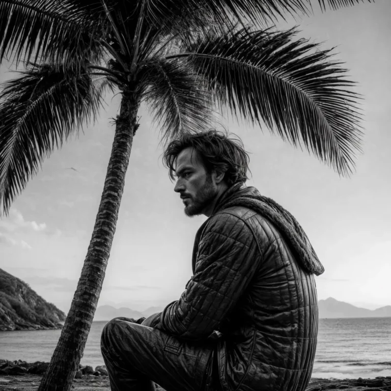 A black and white photograph of a man sitting on a beach near a palm tree, created using stable diffusion AI.