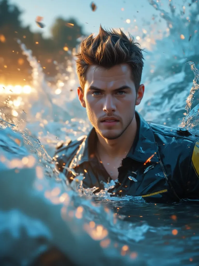 Young man with styled hair emerging from turbulent water, detailed and lifelike illustration created using Stable Diffusion AI.