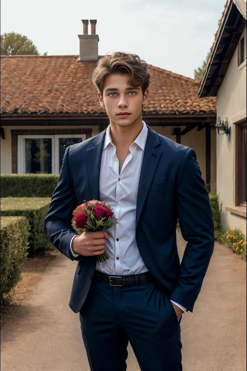 AI generated image using stable diffusion of a young man in a navy suit holding a bouquet of red and pink flowers, standing in front of a house.
