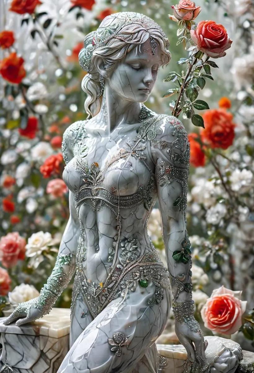 AI generated image using stable diffusion of a marble statue of a woman with intricate details standing in a floral garden with red and white roses.