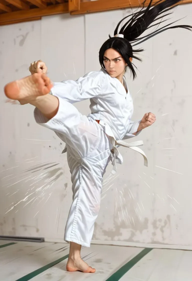 A martial artist with intense expression performing a high kick while wearing a white karate gi. This is an AI generated image using stable diffusion.