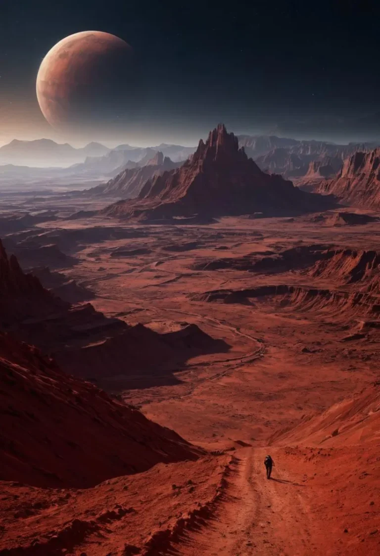 A stunning AI generated image of a Martian landscape using Stable Diffusion, featuring an astronaut walking on a red rocky terrain with a large planet looming in the sky.