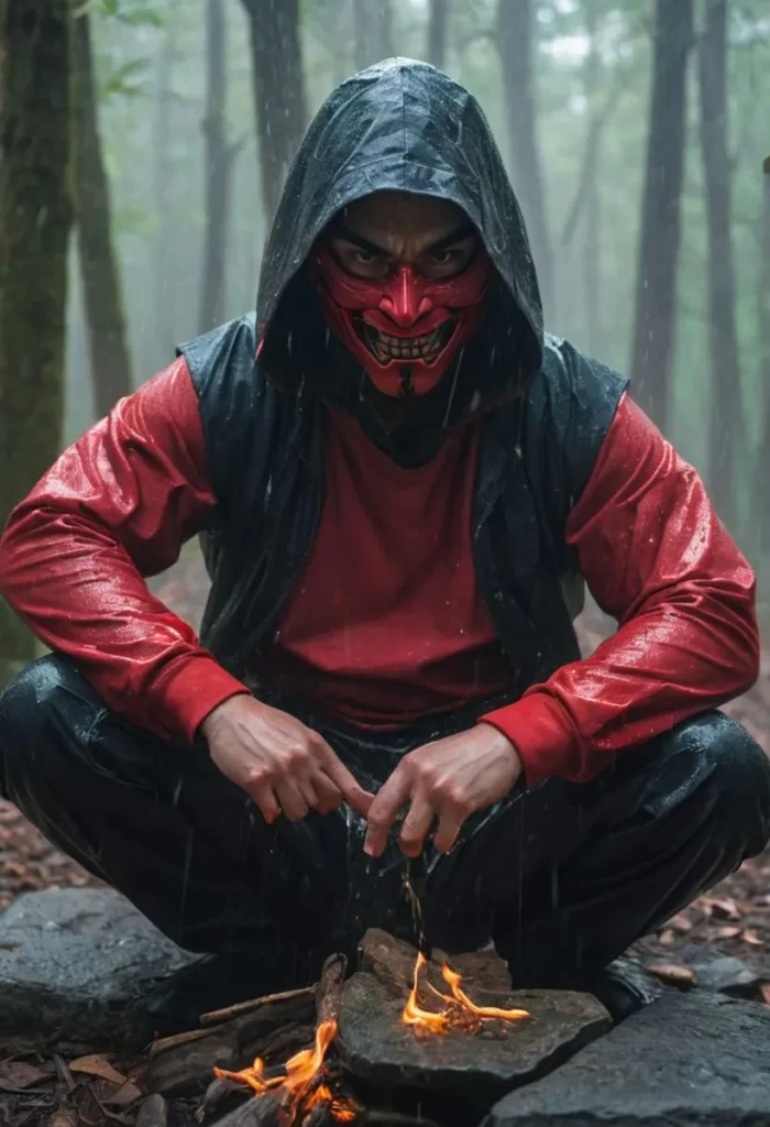A masked man crouching in a misty forest, wearing a red shirt and dark hood, and starting a small fire. AI generated image using Stable Diffusion.