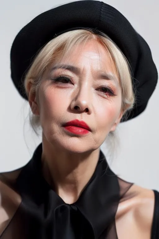 A detailed portrait of a mature woman with light skin and red lipstick, wearing a black hat and sheer black clothing. This image is AI generated using Stable Diffusion.