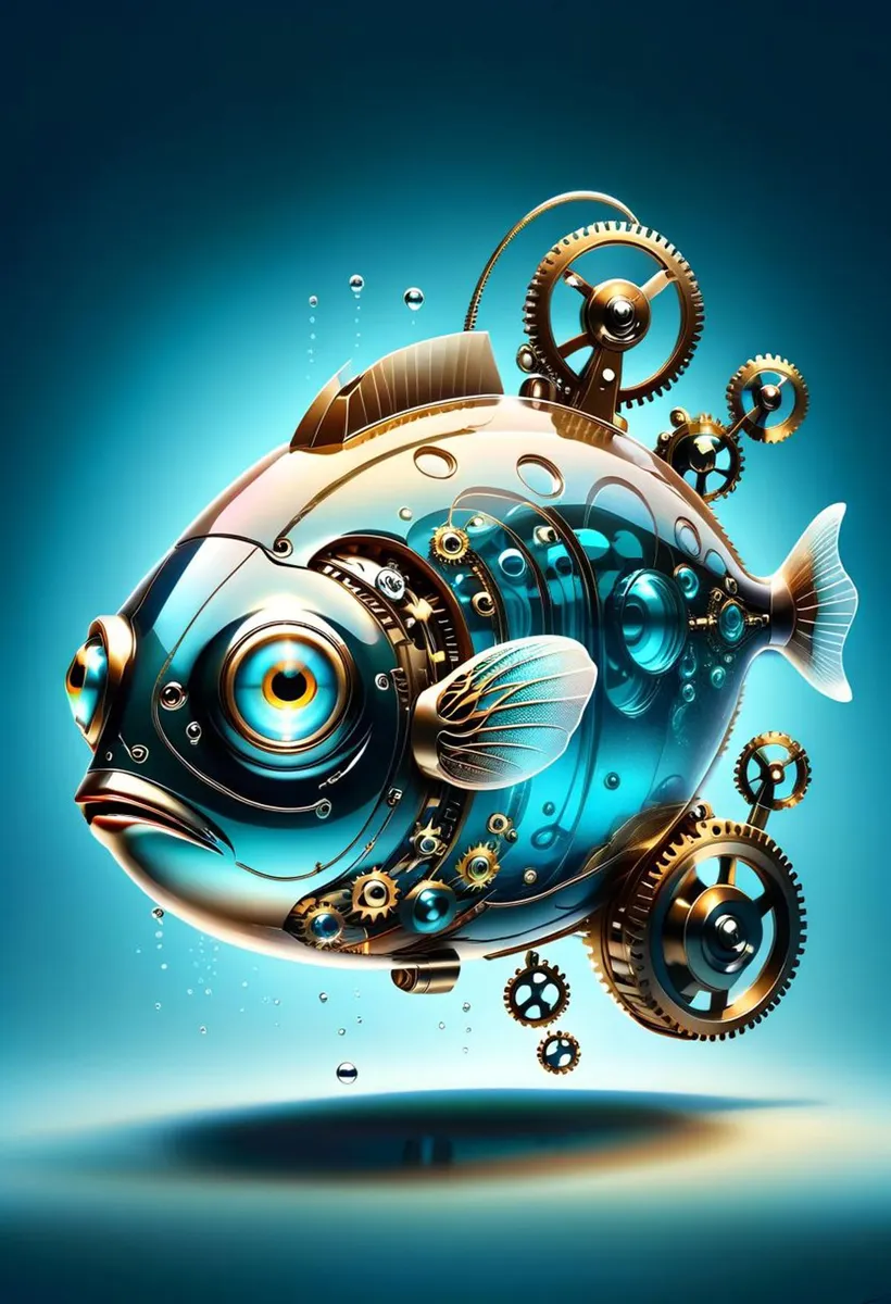 A steampunk mechanical fish with gears and cogs, created using Stable Diffusion.