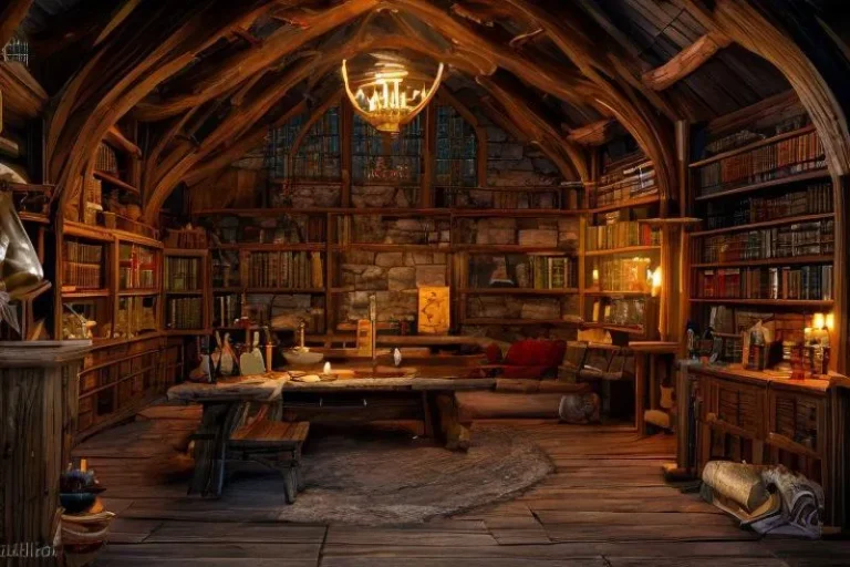 A cozy and rustic medieval library, AI generated using Stable Diffusion, with wooden beams, warm lighting, and an extensive collection of books.