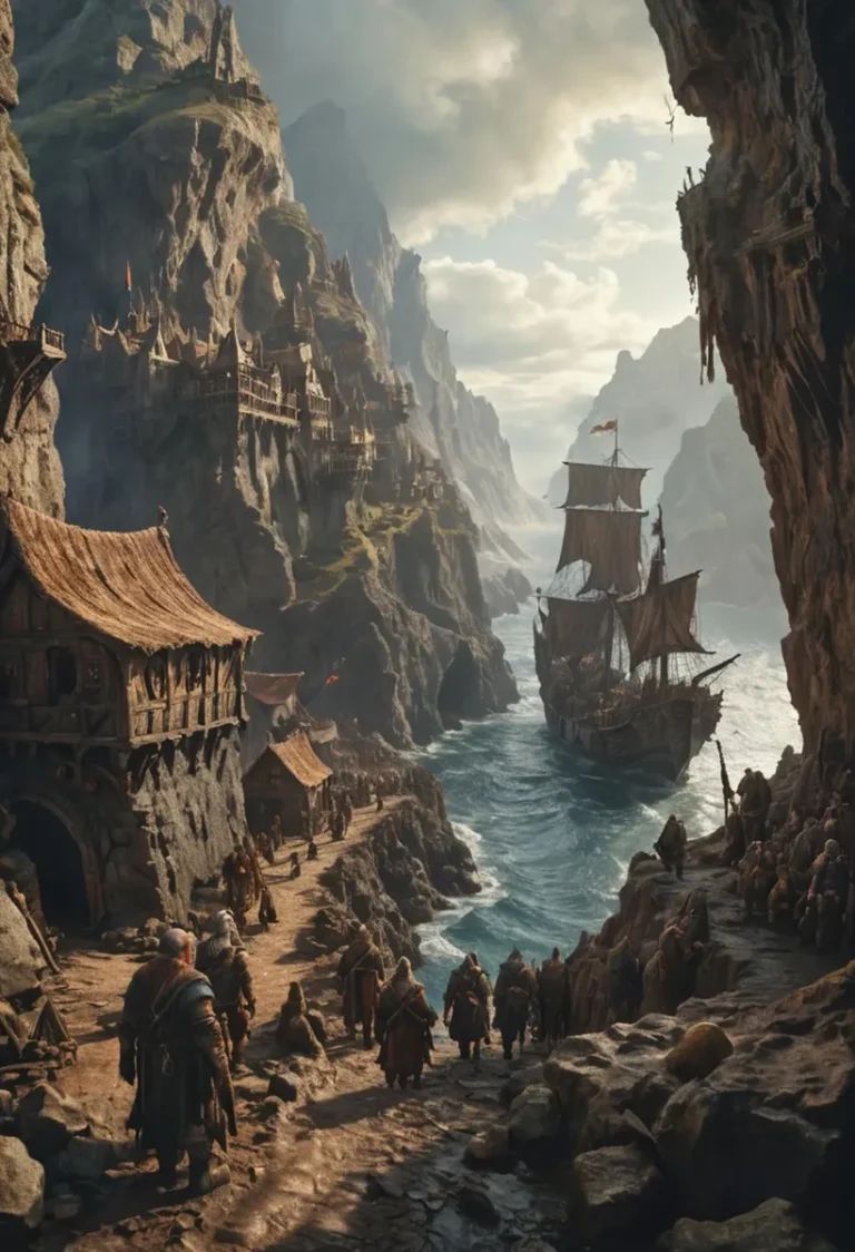 A meticulously detailed fantasy landscape depicting a bustling medieval port. Cliffs adorned with rustic buildings overlook the scene, where a majestic ship navigates the narrow sea passage. AI generated image using Stable Diffusion.