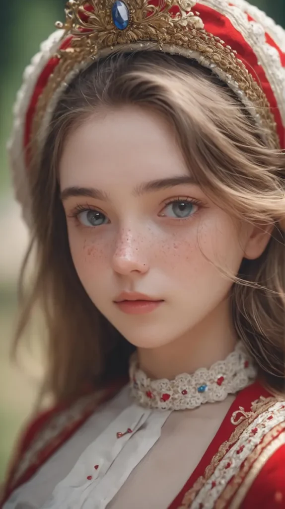 Portrait of a young medieval princess with a red and gold ornate headdress, AI generated using Stable Diffusion.