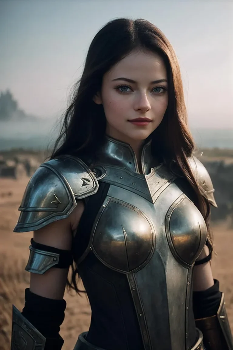 AI generated image of a medieval warrior woman with long dark hair, wearing detailed metal armor, created using Stable Diffusion.