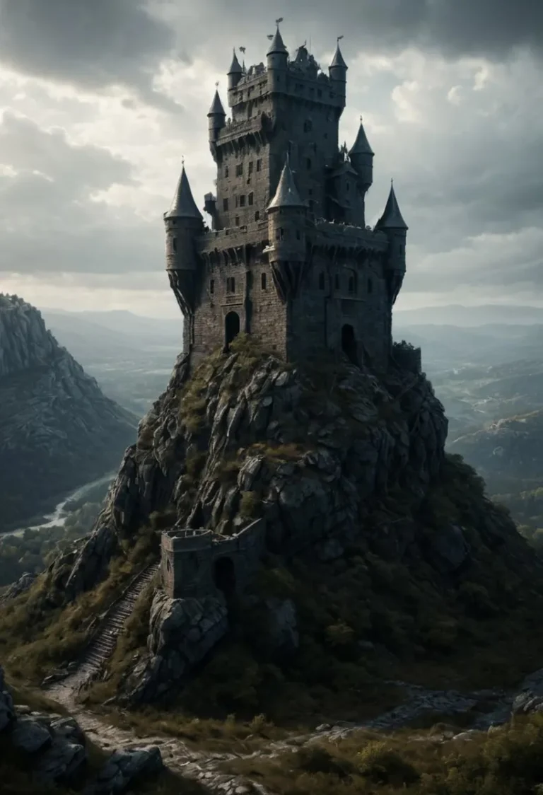 A medieval castle perched atop a rugged mountain fortress, created using Stable Diffusion.