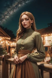 A beautifully detailed Ai generated image using Stable Diffusion depicting a young woman in a medieval dress standing in an outdoor setting with a starry sky in the background.