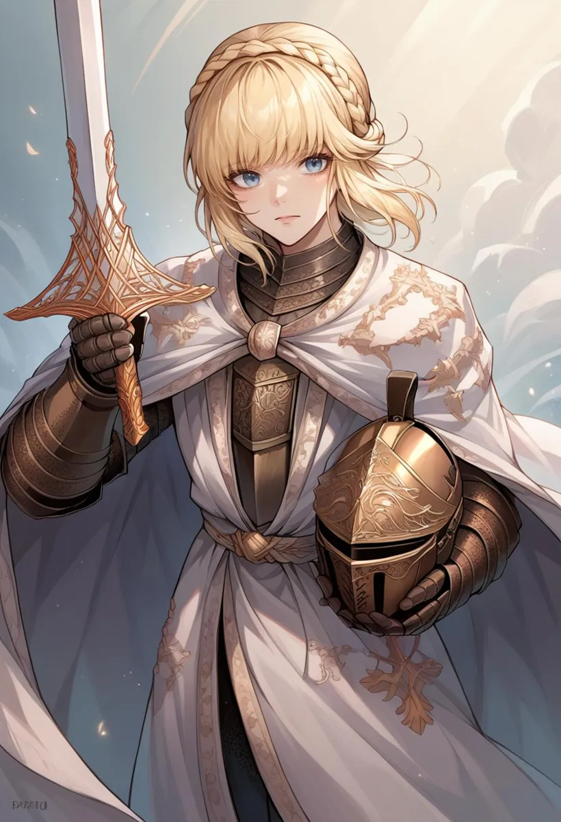 An AI generated image using stable diffusion depicting a blond female knight in medieval armor holding a sword and helmet, illustrated in anime style.