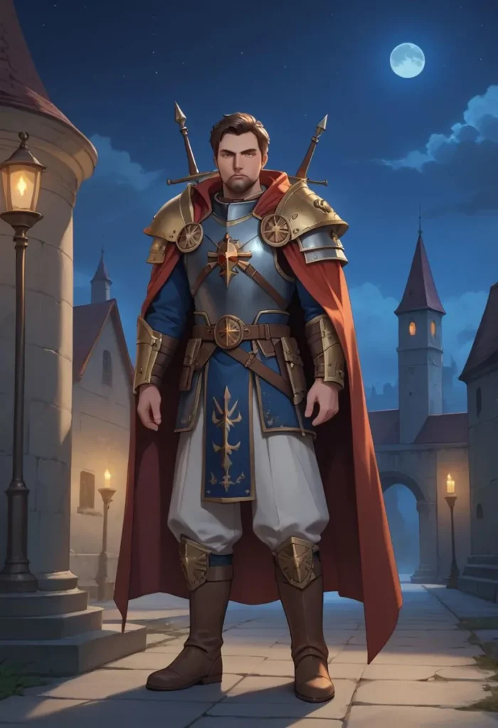 A heroic medieval knight in intricate fantasy armor stands on a cobblestone path, in a moonlit medieval town. AI generated image using Stable Diffusion.