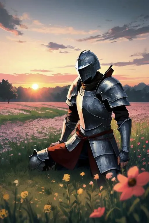 A medieval knight in armor sitting in a vibrant flower field during sunset. AI generated image using Stable Diffusion.