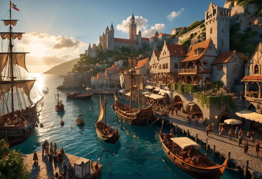 AI generated image using Stable Diffusion of a bustling medieval port with ships docked along the shore. In the background, a grand castle stands on a hill overlooking the town.