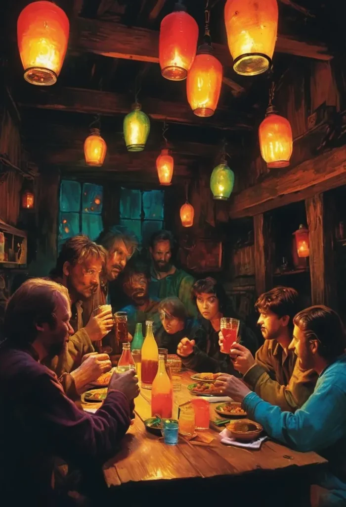 A dark medieval tavern scene with a group of people gathered around a table, illuminated by colorful hanging lanterns, created using Stable Diffusion.